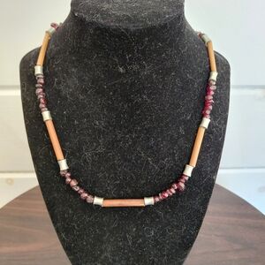 Bohemian Garnet and Wood Necklace